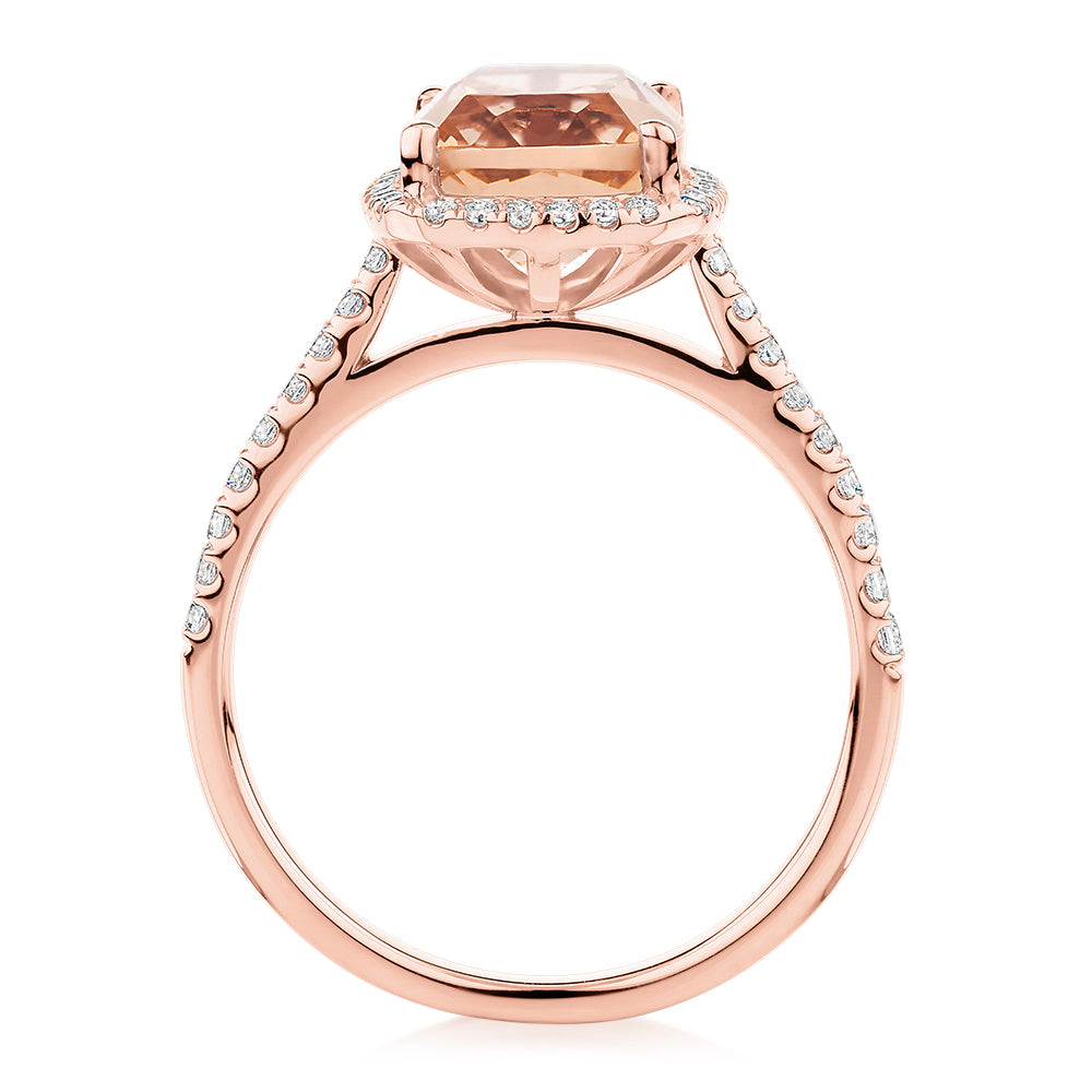 Cushion Radiant and Round Brilliant halo engagement ring with 10x8mm morganite simulant in 10 carat rose gold