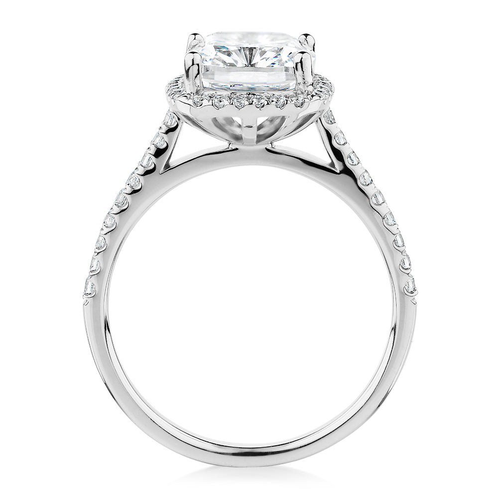 Cushion Radiant and Round Brilliant halo engagement ring with 3.73 carats* of diamond simulants in 10 carat white gold