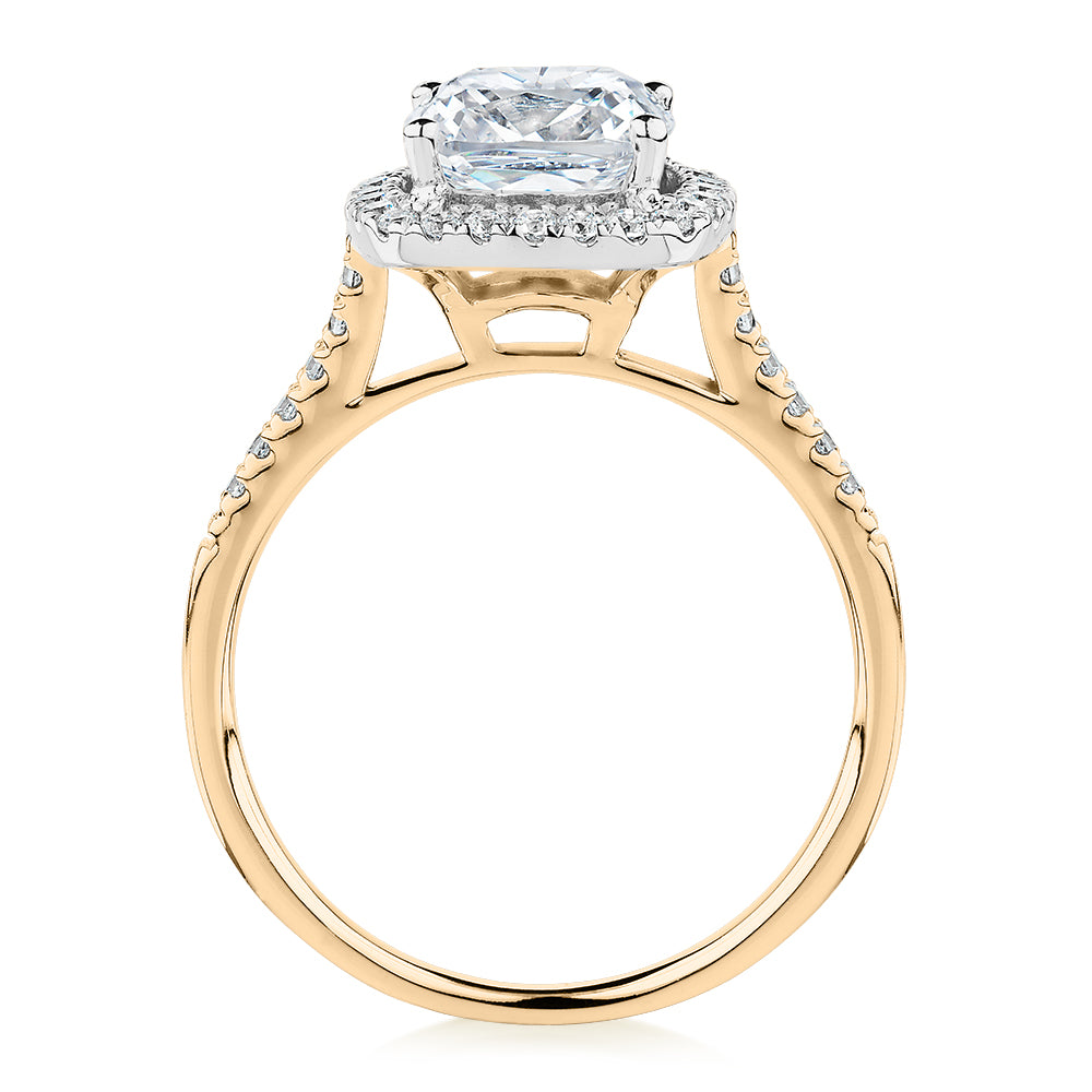 Cushion and Round Brilliant halo engagement ring with 1.91 carats* of diamond simulants in 14 carat yellow and white gold