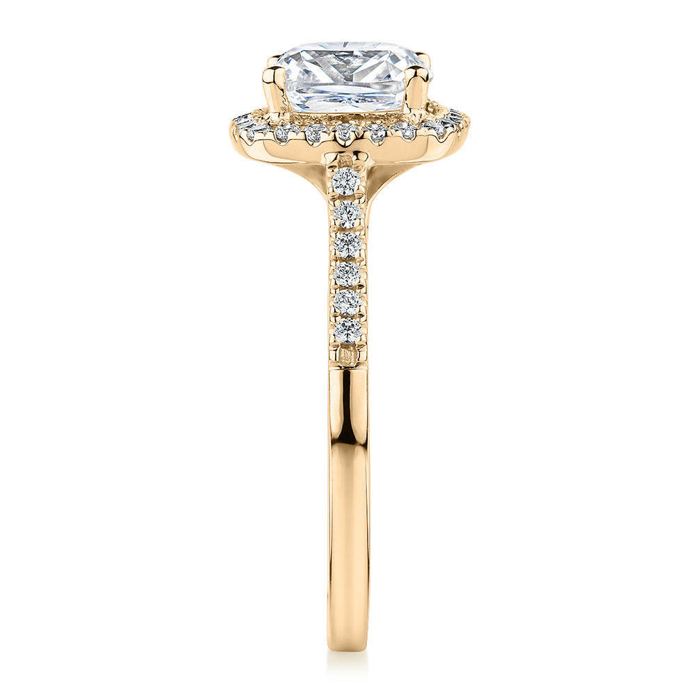 Cushion and Round Brilliant halo engagement ring with 1.91 carats* of diamond simulants in 14 carat yellow gold