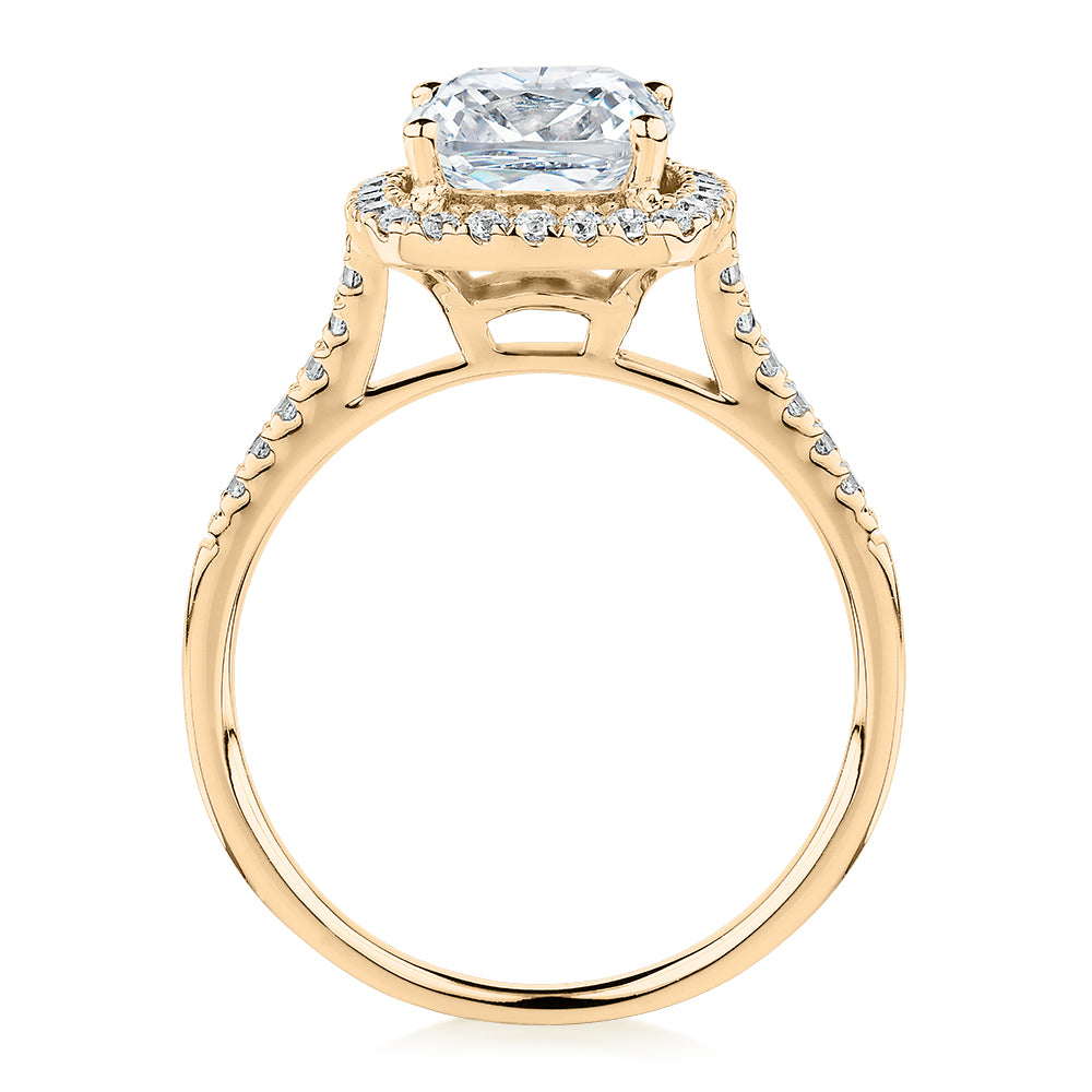 Cushion and Round Brilliant halo engagement ring with 1.91 carats* of diamond simulants in 14 carat yellow gold