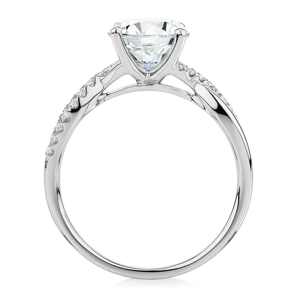 Round Brilliant shouldered engagement ring with 2.17 carats* of diamond simulants in 14 carat white gold