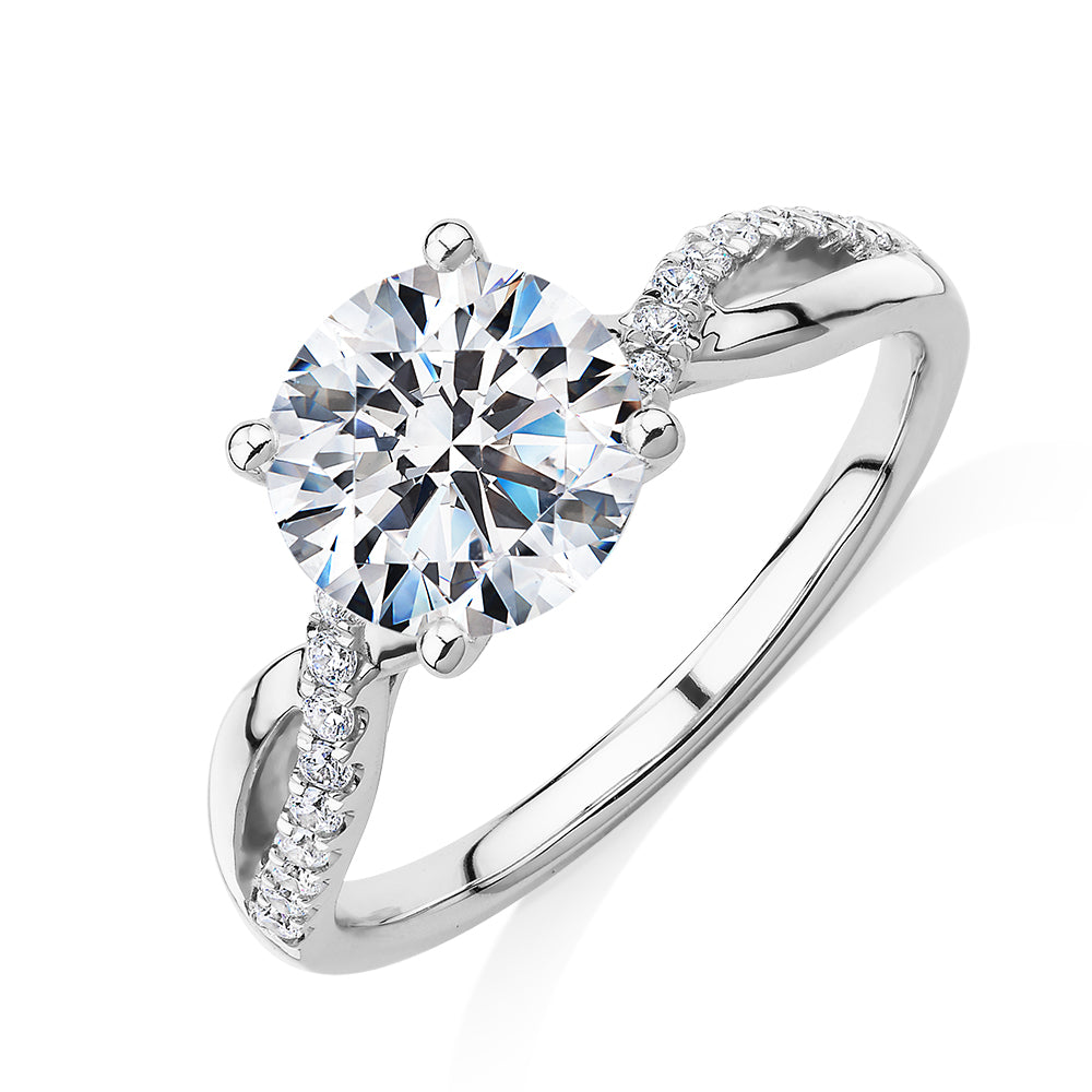 Round Brilliant shouldered engagement ring with 2.17 carats* of diamond simulants in 14 carat white gold