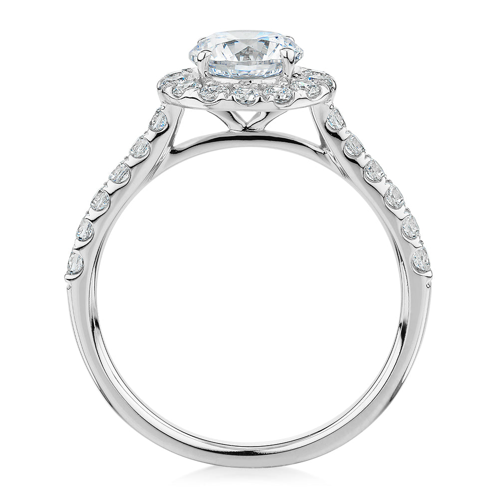 Round Brilliant halo engagement ring with 1.61 carats* of diamond simulants in 14 carat white gold