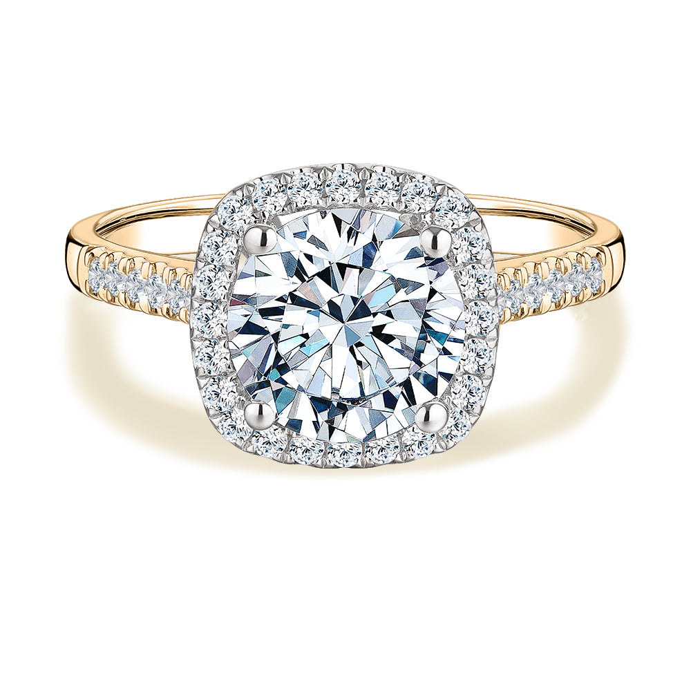 Round Brilliant halo engagement ring with 2.42 carats* of diamond simulants in 14 carat yellow and white gold