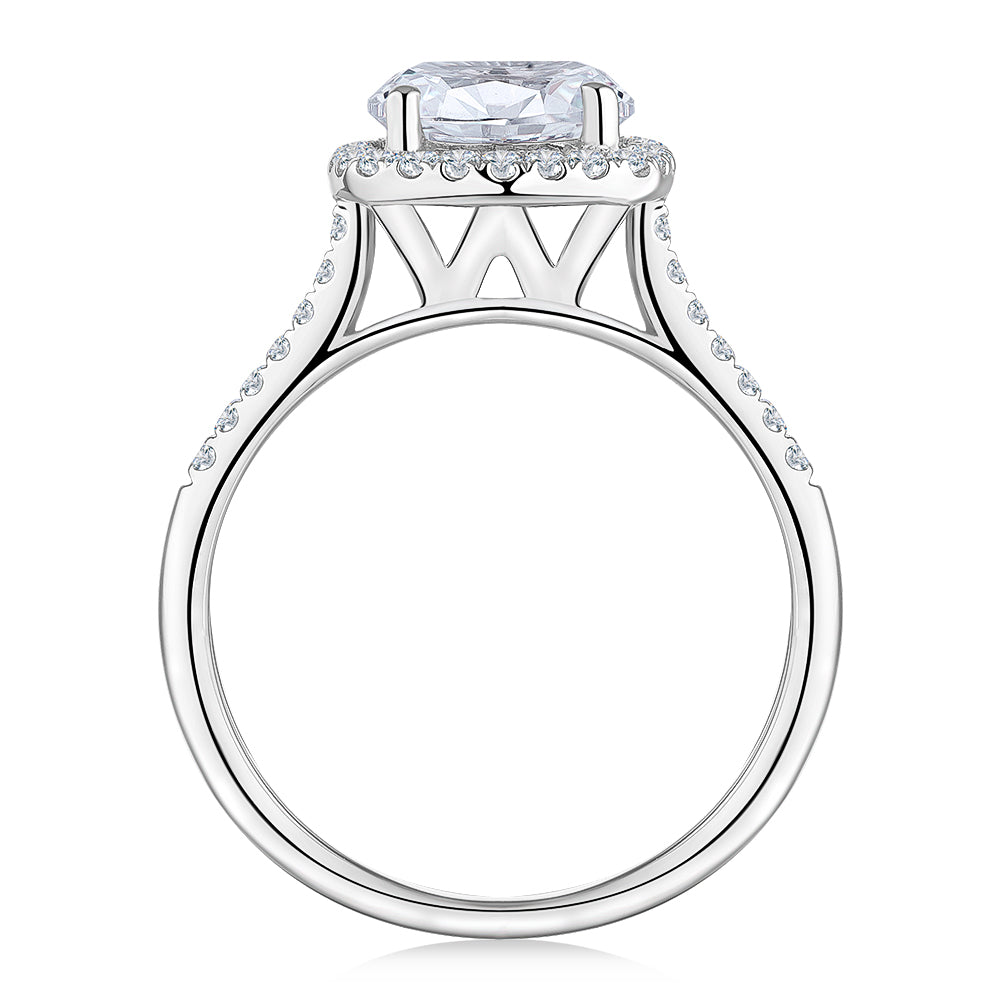 Round Brilliant halo engagement ring with 2.42 carats* of diamond simulants in 14 carat white gold