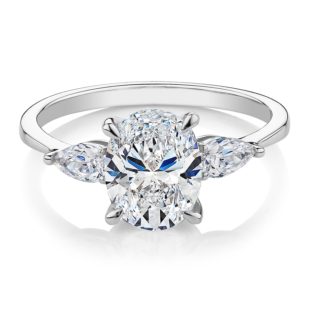 Oval and Pear shouldered engagement ring with 2.36 carats* of diamond simulants in 14 carat white gold