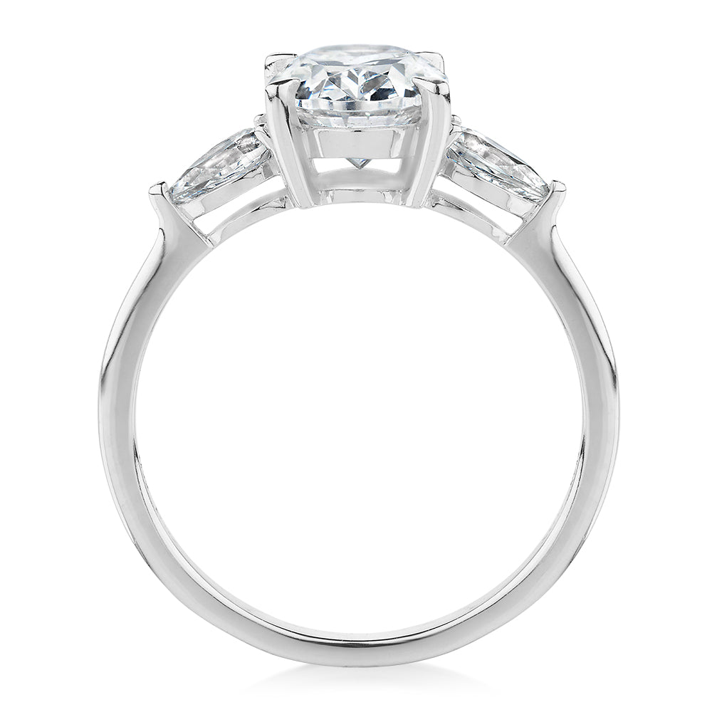 Oval and Pear shouldered engagement ring with 2.36 carats* of diamond simulants in 14 carat white gold