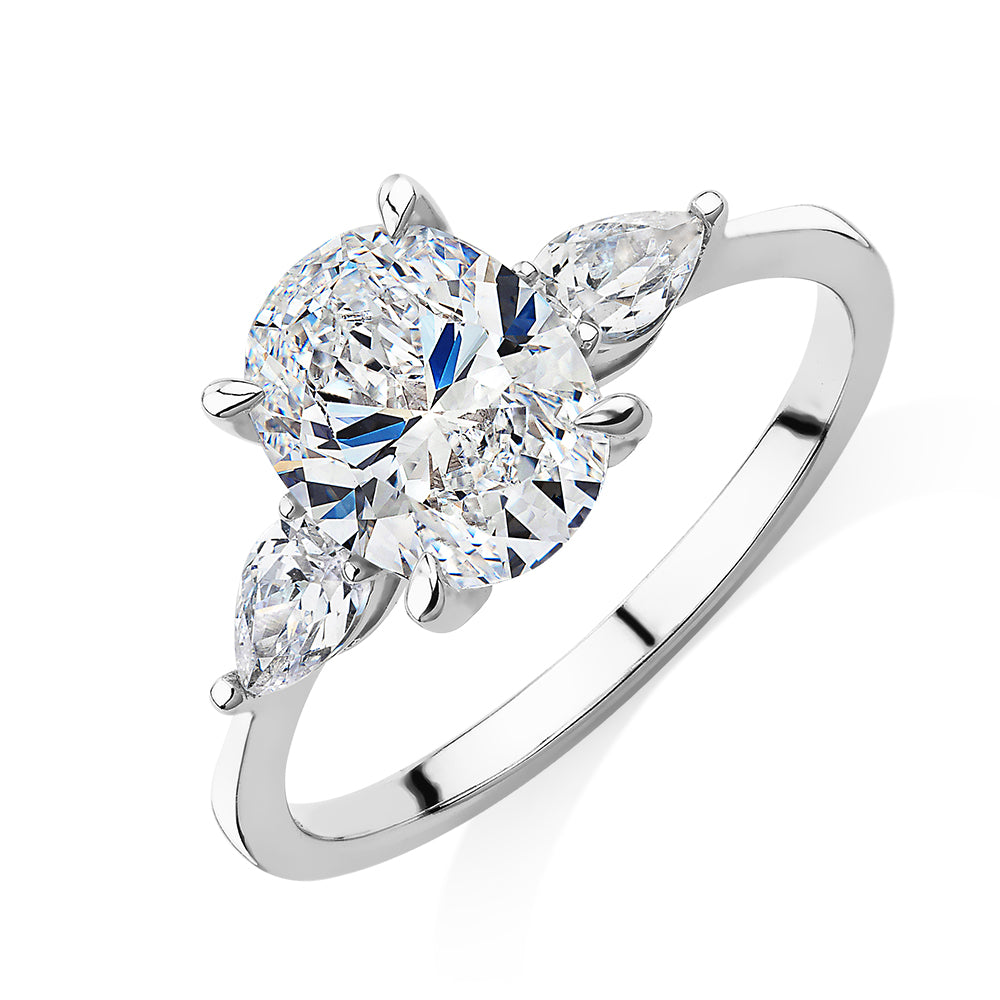 Oval and Pear shouldered engagement ring with 2.36 carats* of diamond simulants in 14 carat white gold
