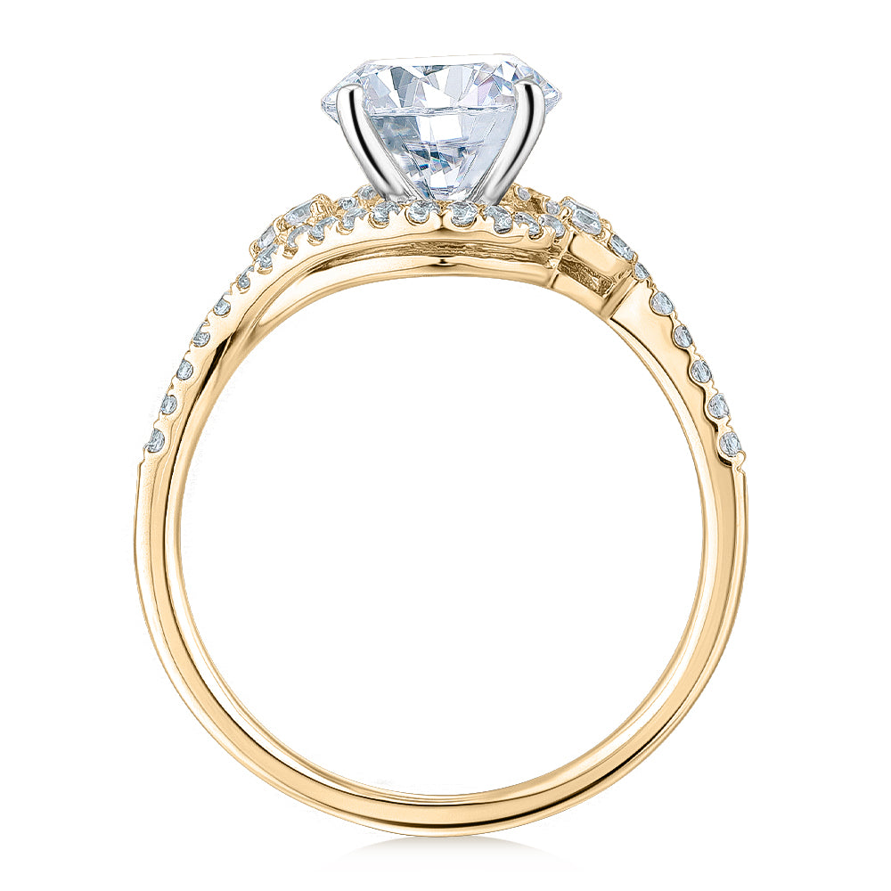 Round Brilliant shouldered engagement ring with 2.27 carats* of diamond simulants in 14 carat yellow and white gold