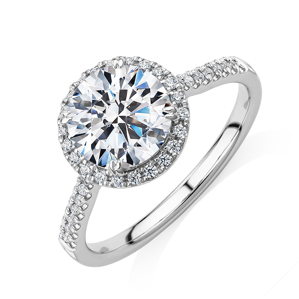 Round Brilliant halo engagement ring with 2.27 carats* of diamond simulants in 14 carat white gold