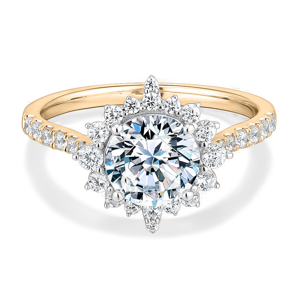 Round Brilliant shouldered engagement ring with 2.09 carats* of diamond simulants in 14 carat yellow and white gold
