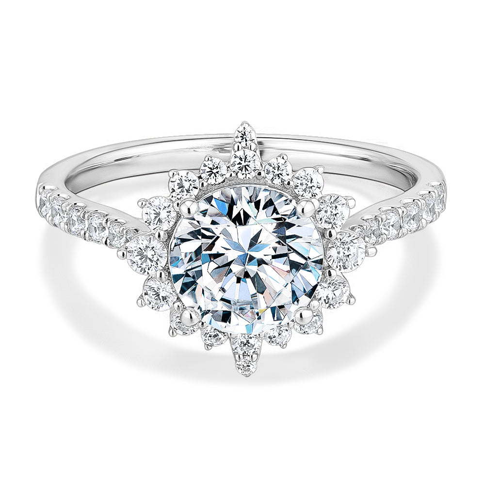 Round Brilliant shouldered engagement ring with 2.09 carats* of diamond simulants in 14 carat white gold