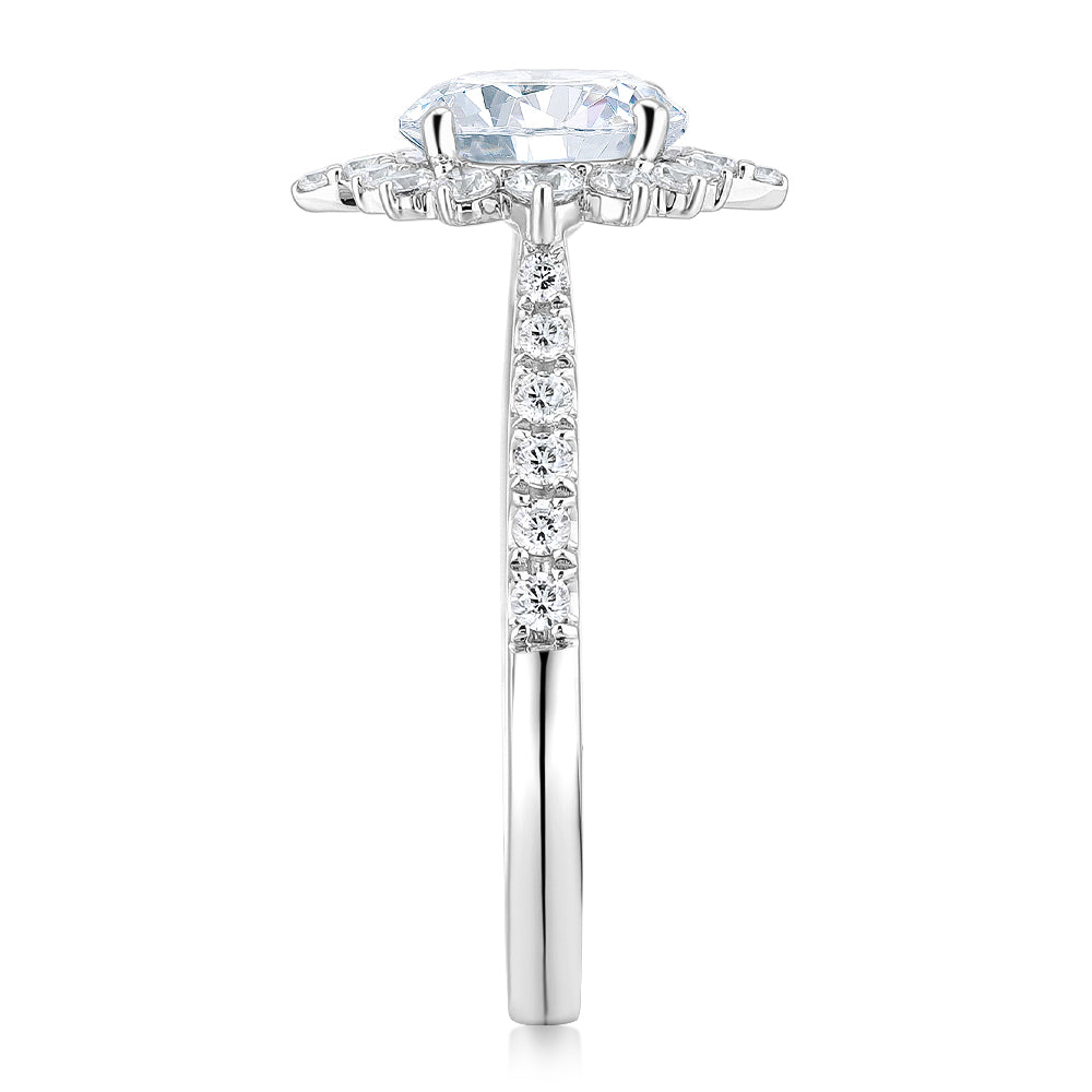 Round Brilliant shouldered engagement ring with 2.09 carats* of diamond simulants in 14 carat white gold
