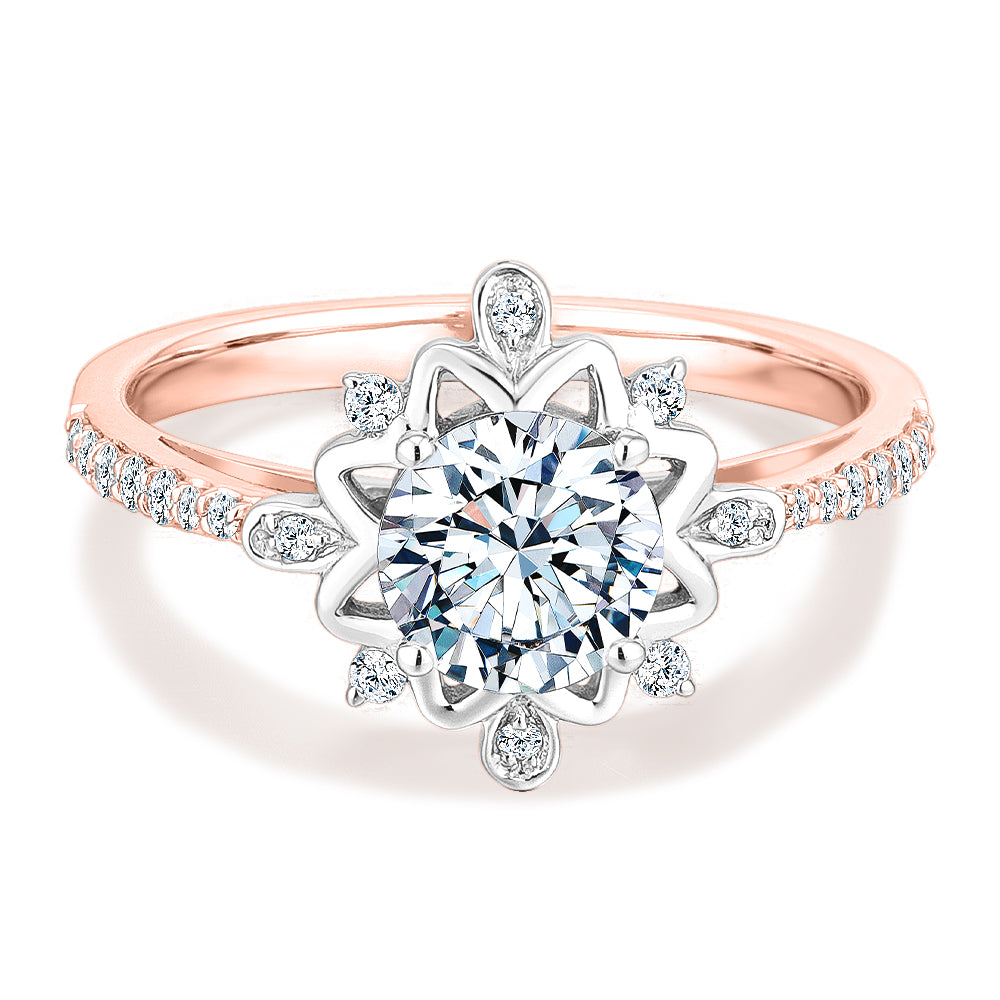 Round Brilliant shouldered engagement ring with 1.21 carats* of diamond simulants in 14 carat rose and white gold