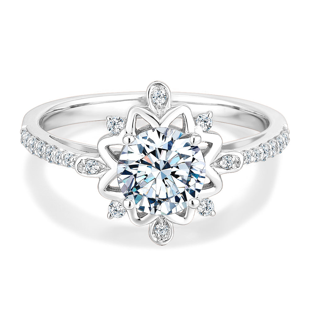 Round Brilliant shouldered engagement ring with 1.21 carats* of diamond simulants in 14 carat white gold