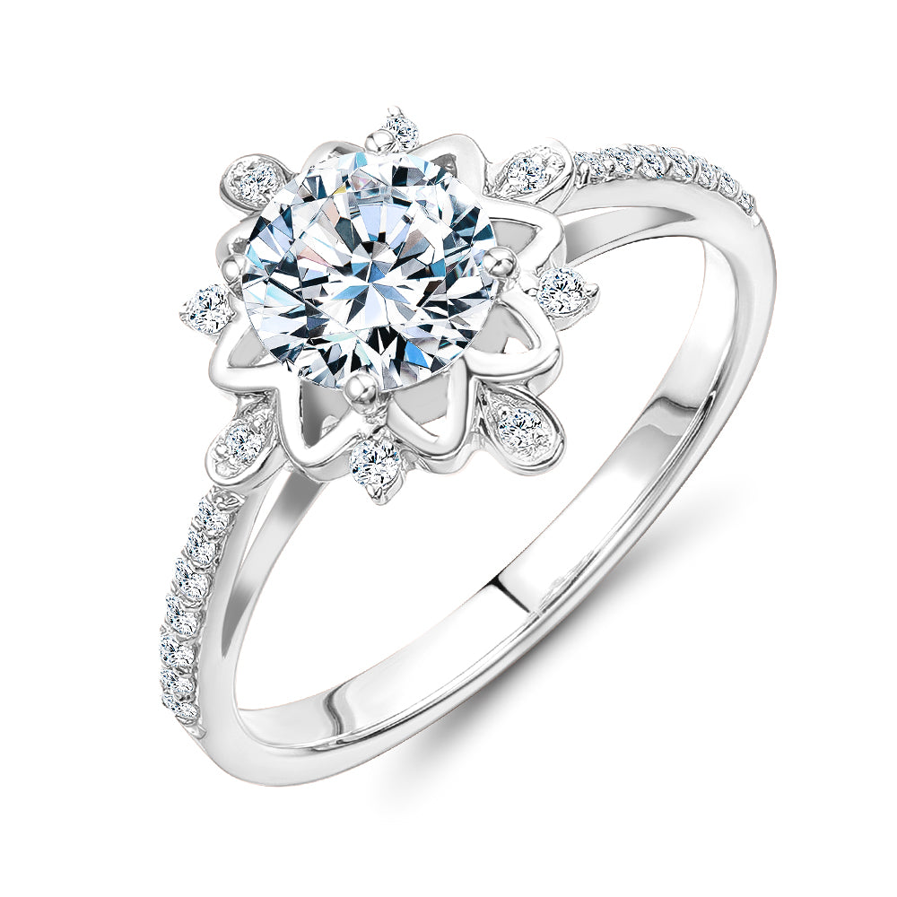 Round Brilliant shouldered engagement ring with 1.21 carats* of diamond simulants in 14 carat white gold