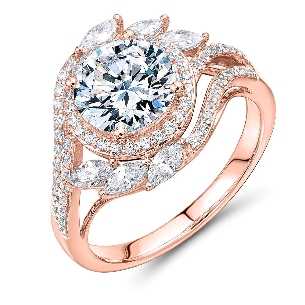 Round Brilliant halo engagement ring with 2.97 carats* of diamond simulants in 14 carat rose gold