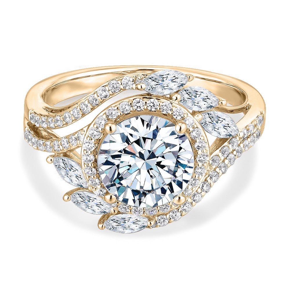 Round Brilliant halo engagement ring with 2.97 carats* of diamond simulants in 14 carat yellow gold
