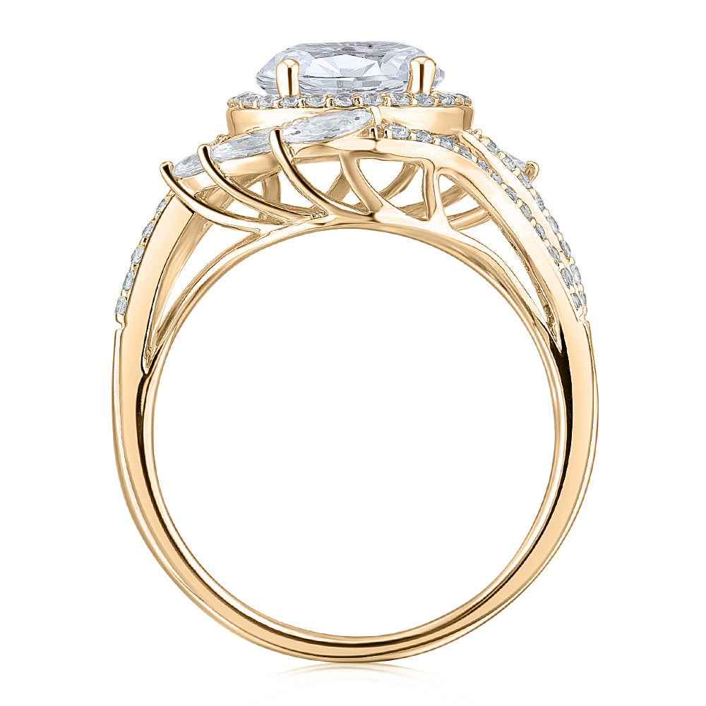 Round Brilliant halo engagement ring with 2.97 carats* of diamond simulants in 14 carat yellow gold