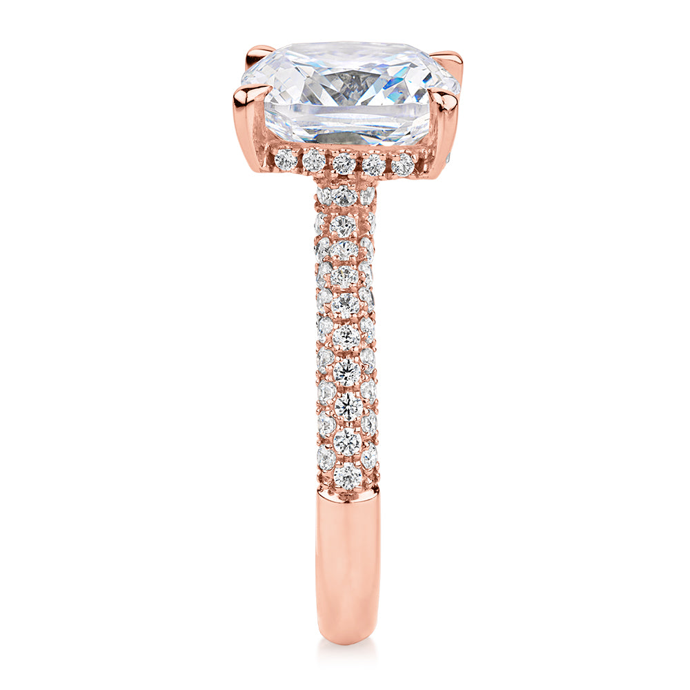 Cushion and Round Brilliant shouldered engagement ring with 3.84 carats* of diamond simulants in 10 carat rose gold