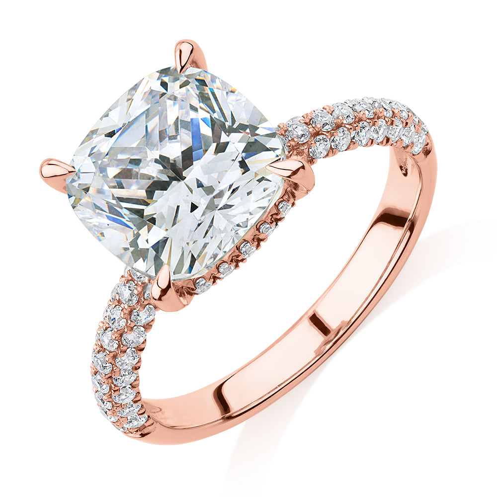 Cushion and Round Brilliant shouldered engagement ring with 3.84 carats* of diamond simulants in 10 carat rose gold