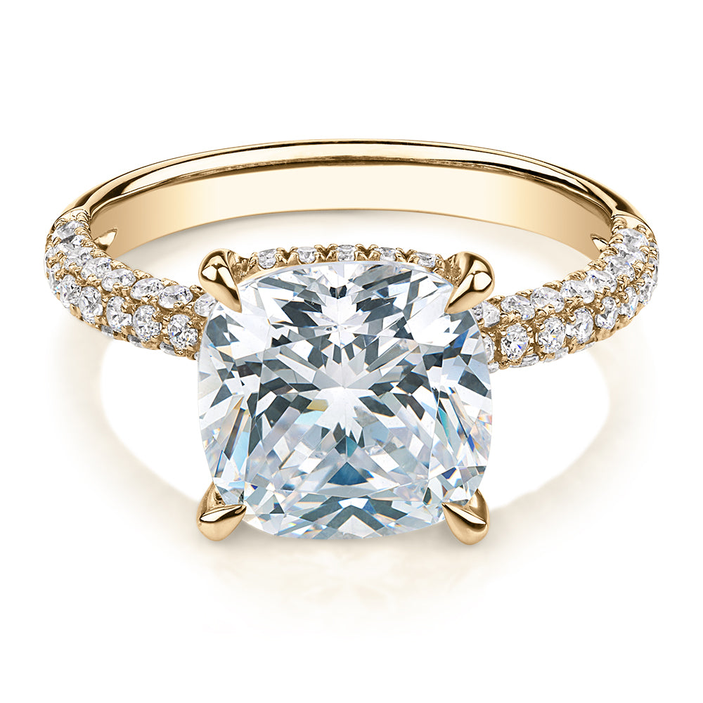 Cushion and Round Brilliant shouldered engagement ring with 3.84 carats* of diamond simulants in 10 carat yellow gold