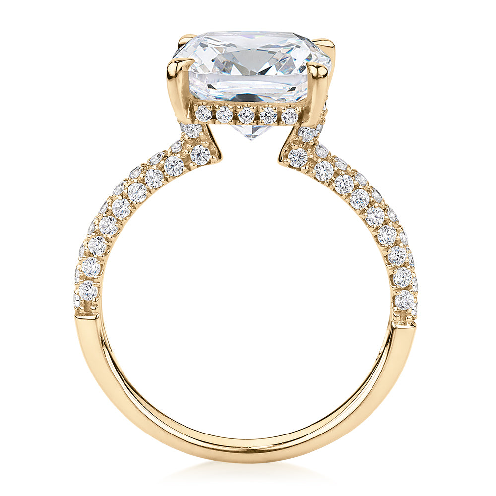 Cushion and Round Brilliant shouldered engagement ring with 3.84 carats* of diamond simulants in 10 carat yellow gold