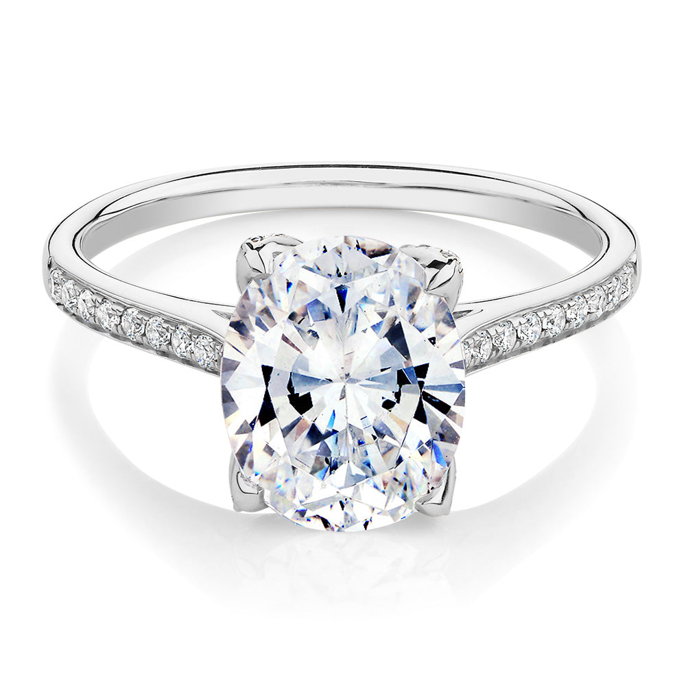 Oval and Round Brilliant shouldered engagement ring with 2.83 carats* of diamond simulants in 14 carat white gold