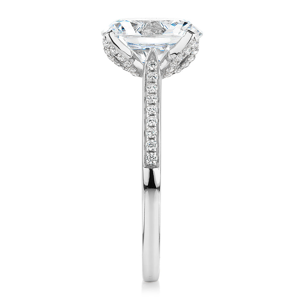 Oval and Round Brilliant shouldered engagement ring with 2.83 carats* of diamond simulants in 14 carat white gold