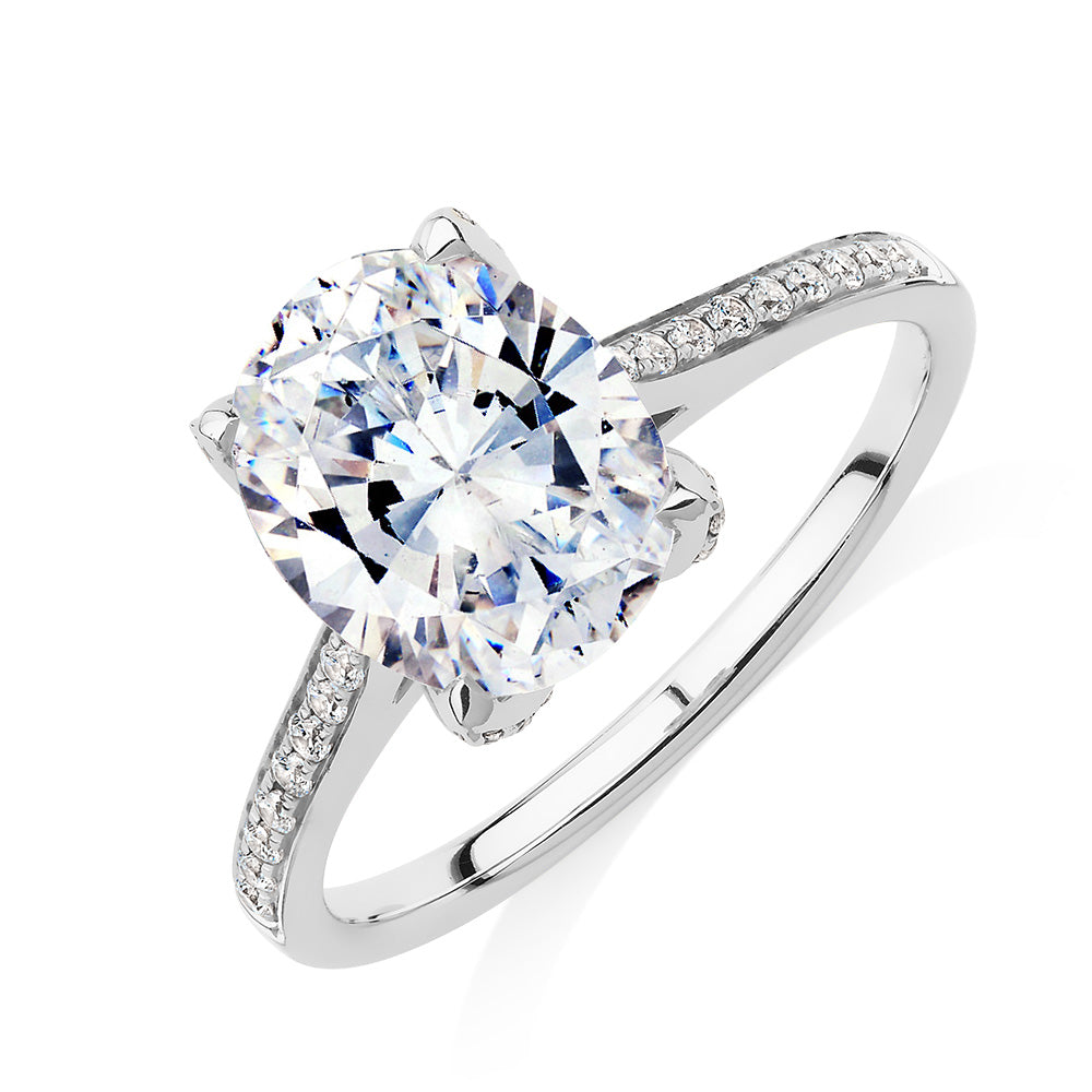 Oval and Round Brilliant shouldered engagement ring with 2.83 carats* of diamond simulants in 14 carat white gold