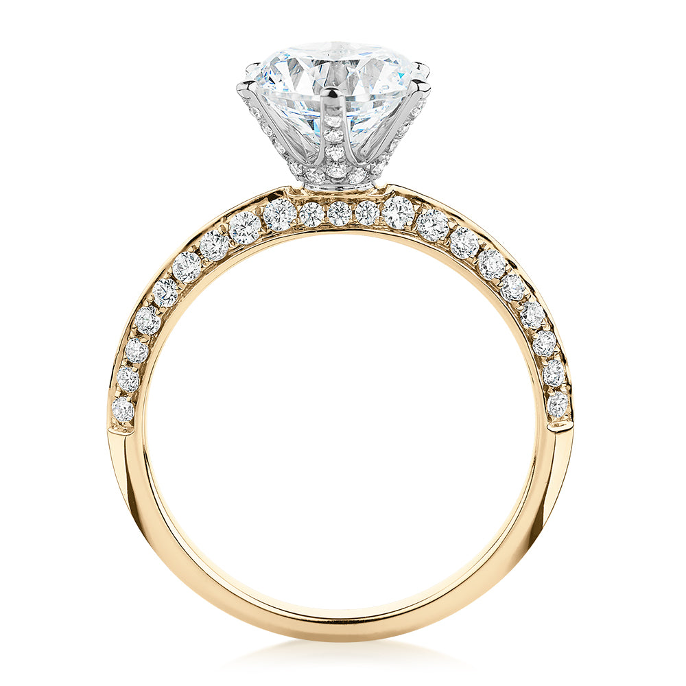 Round Brilliant shouldered engagement ring with 2.47 carats* of diamond simulants in 14 carat yellow and white gold