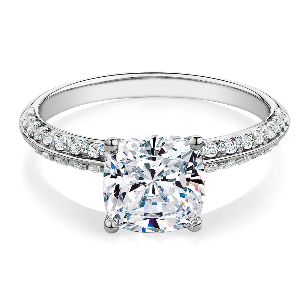 Cushion shouldered engagement ring with 2.08 carats* of diamond simulants in 14 carat white gold