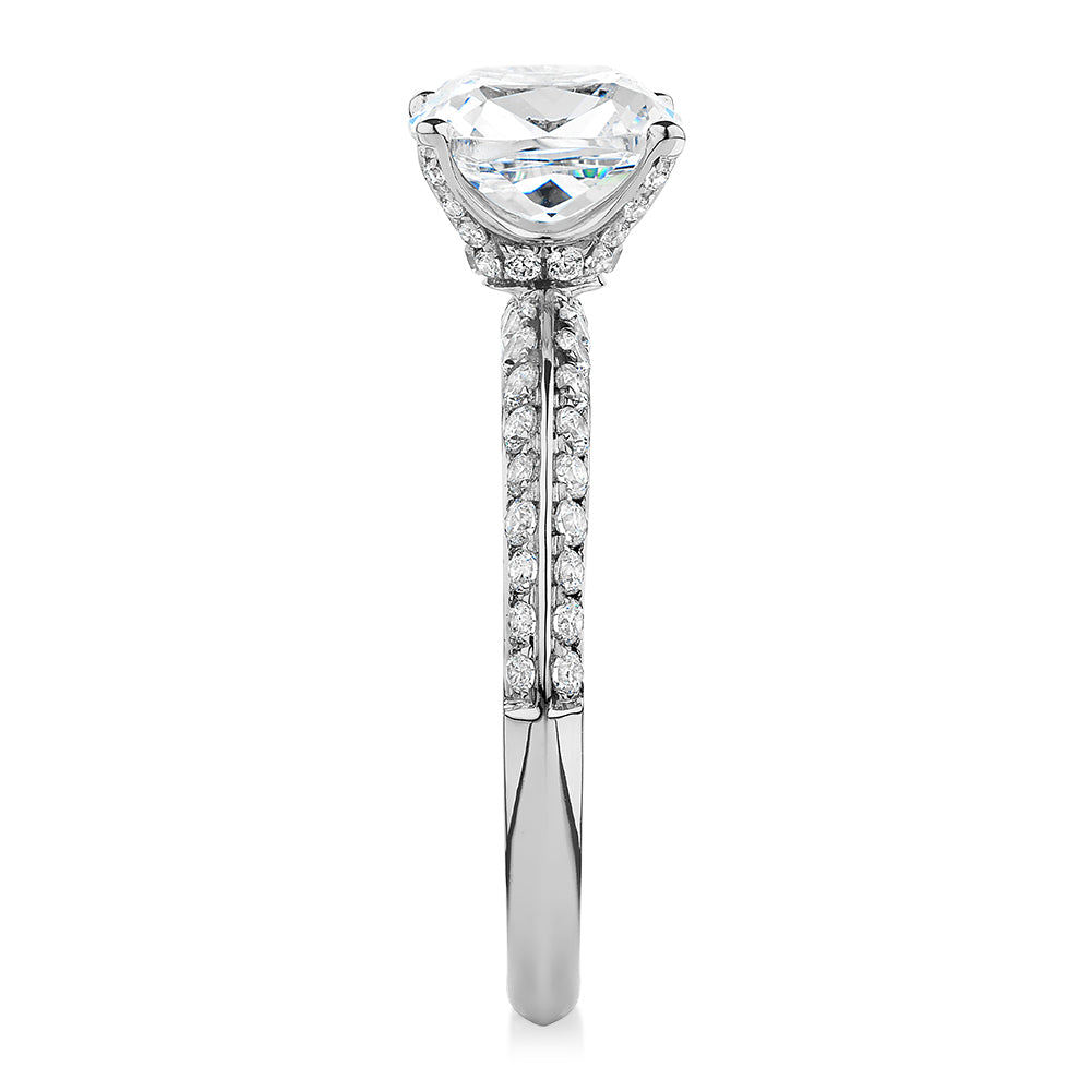Cushion shouldered engagement ring with 2.08 carats* of diamond simulants in 14 carat white gold