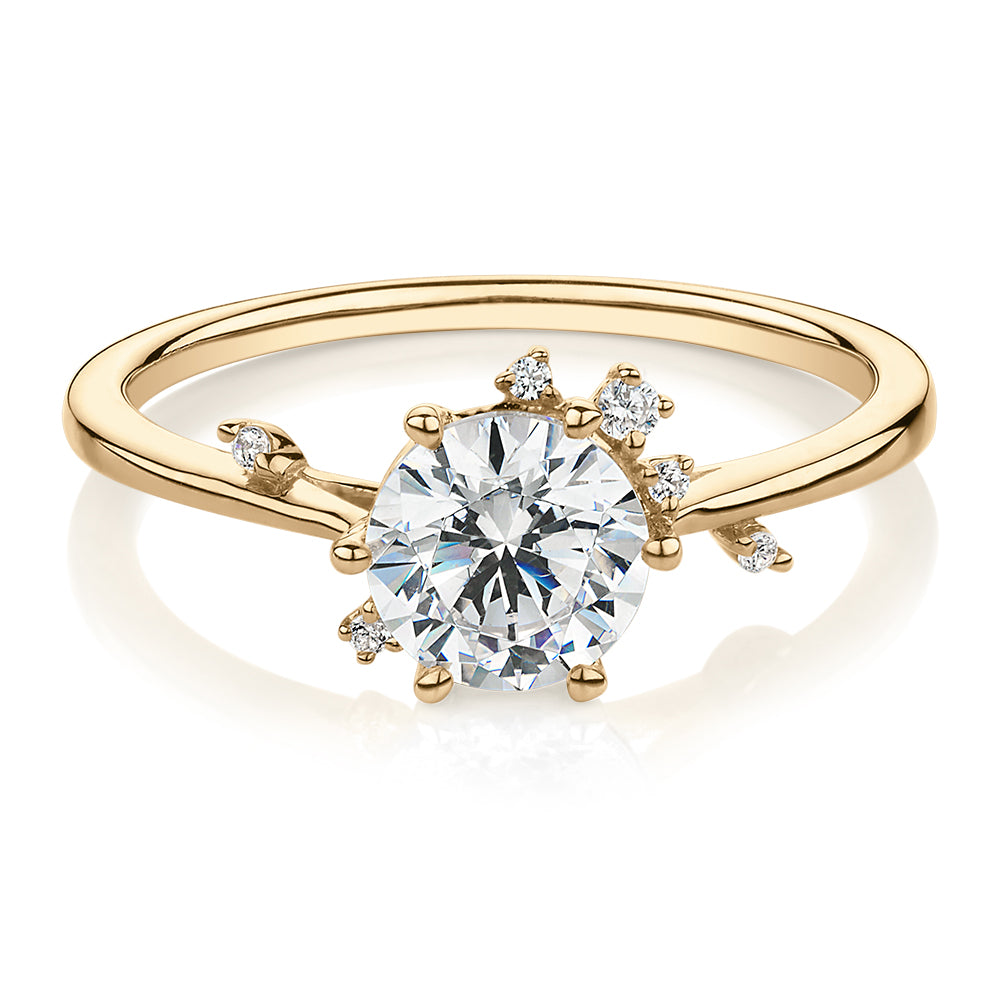 Round Brilliant shouldered engagement ring with 1.07 carats* of diamond simulants in 14 carat yellow gold