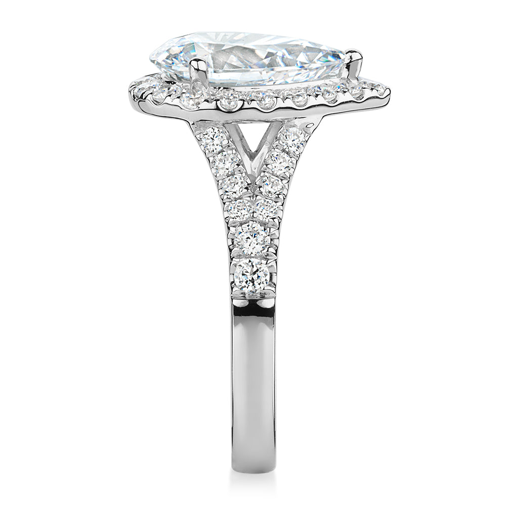 Pear and Round Brilliant halo engagement ring with 3.81 carats* of diamond simulants in 10 carat white gold