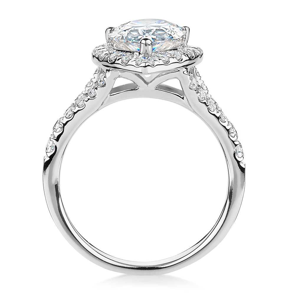 Pear and Round Brilliant halo engagement ring with 3.81 carats* of diamond simulants in 10 carat white gold