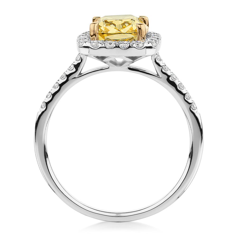 Cushion Radiant and Round Brilliant halo engagement ring with 2.94 carats* of diamond simulants in 10 carat white and yellow gold