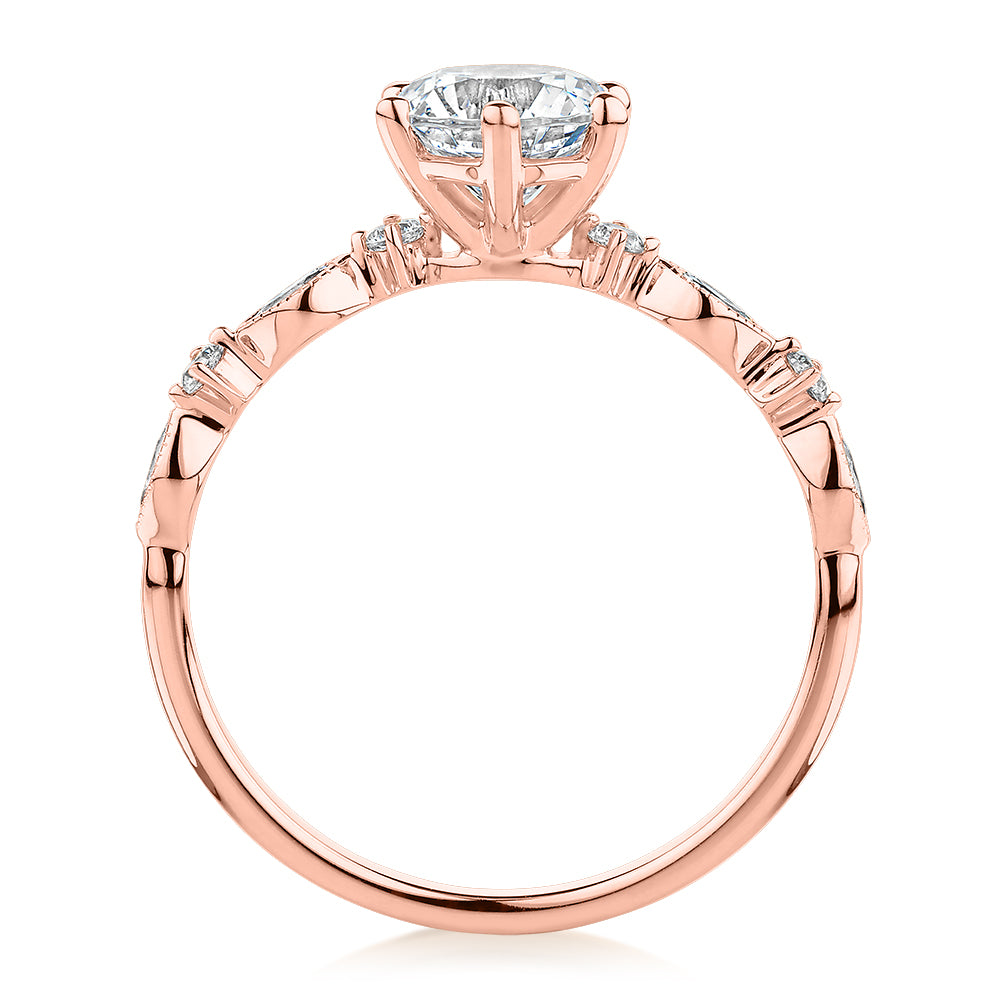 Round Brilliant shouldered engagement ring with 1.19 carats* of diamond simulants in 14 carat rose gold