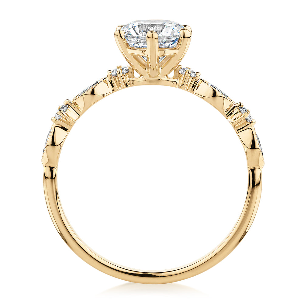 Round Brilliant shouldered engagement ring with 1.19 carats* of diamond simulants in 14 carat yellow gold