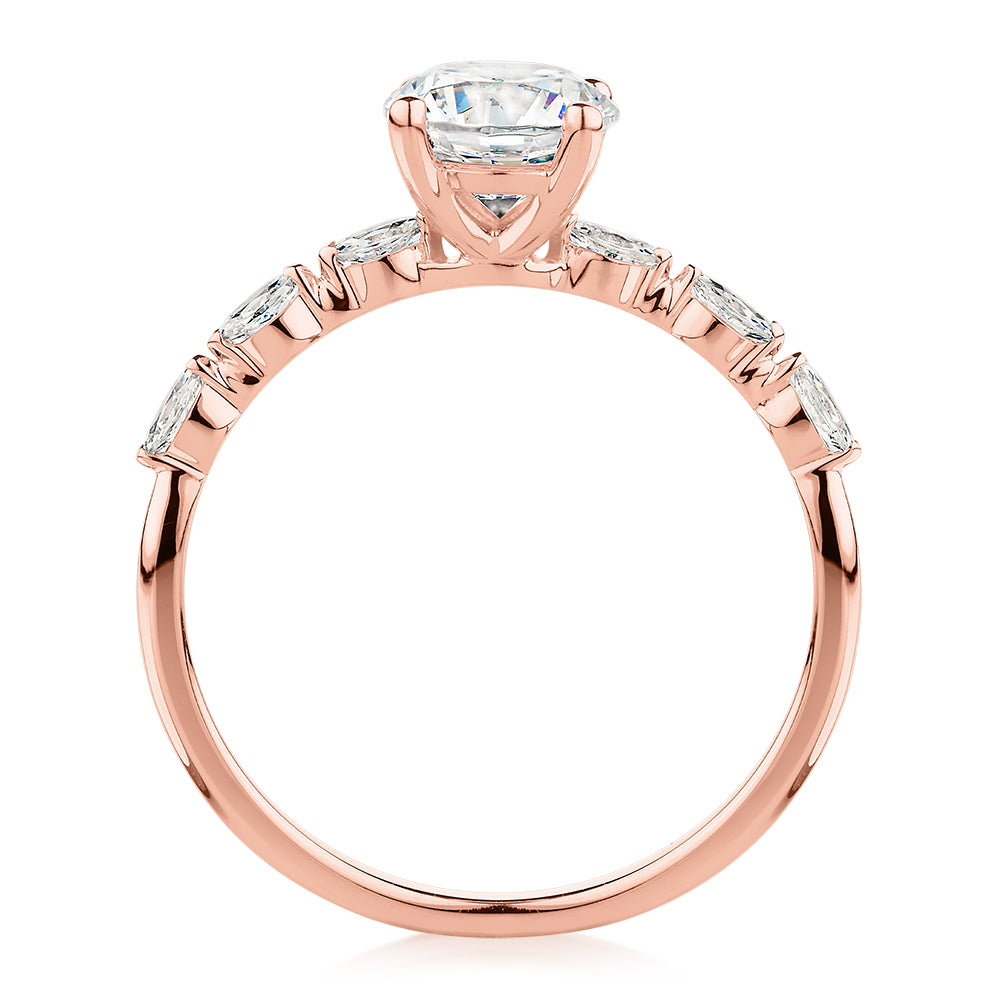Round Brilliant shouldered engagement ring with 1.18 carats* of diamond simulants in 14 carat rose gold