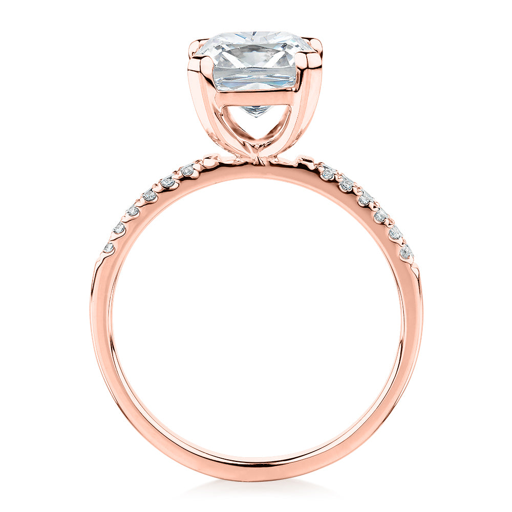 Cushion and Round Brilliant shouldered engagement ring with 1.79 carats* of diamond simulants in 14 carat rose gold