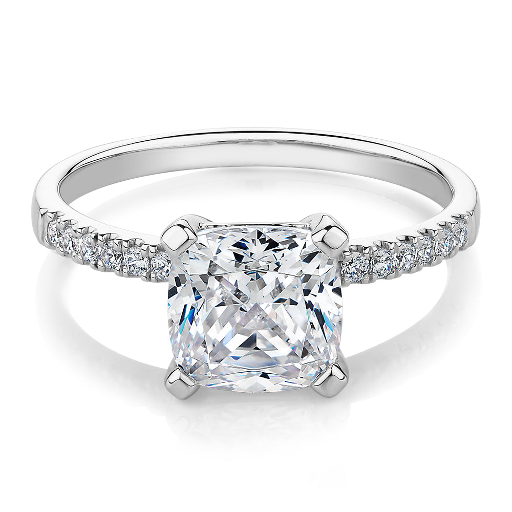 Cushion and Round Brilliant shouldered engagement ring with carats* of diamond simulants in 14 carat white gold