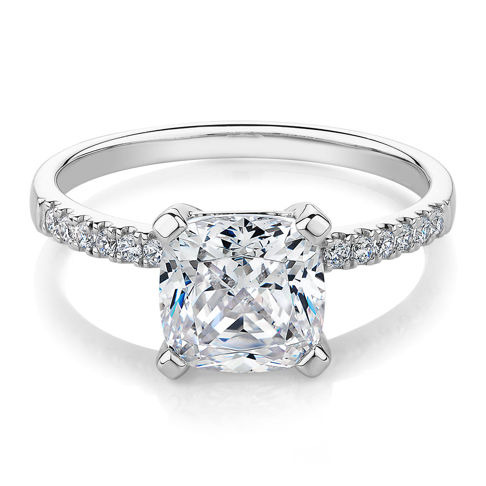 Cushion and Round Brilliant shouldered engagement ring with 1.79 carats* of diamond simulants in 14 carat white gold