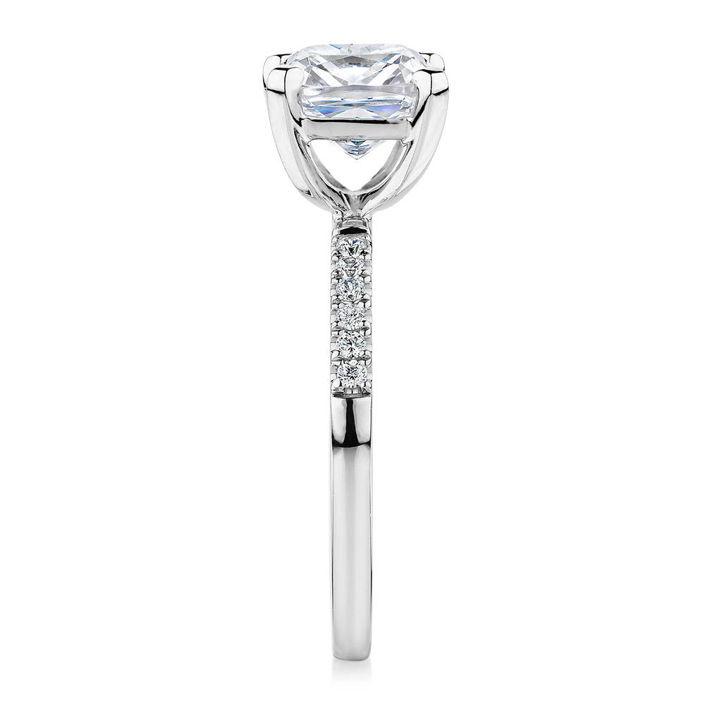 Cushion and Round Brilliant shouldered engagement ring with 1.79 carats* of diamond simulants in 14 carat white gold