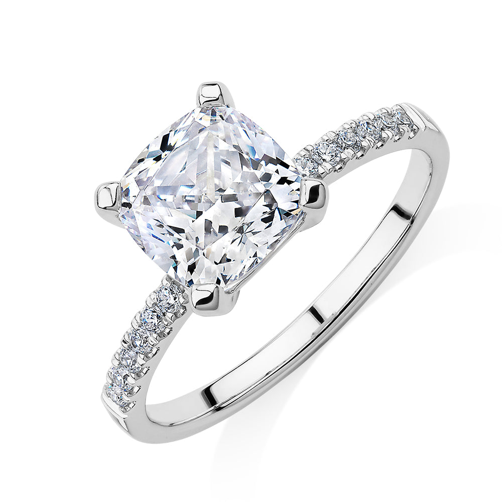 Cushion and Round Brilliant shouldered engagement ring with 1.79 carats* of diamond simulants in 14 carat white gold