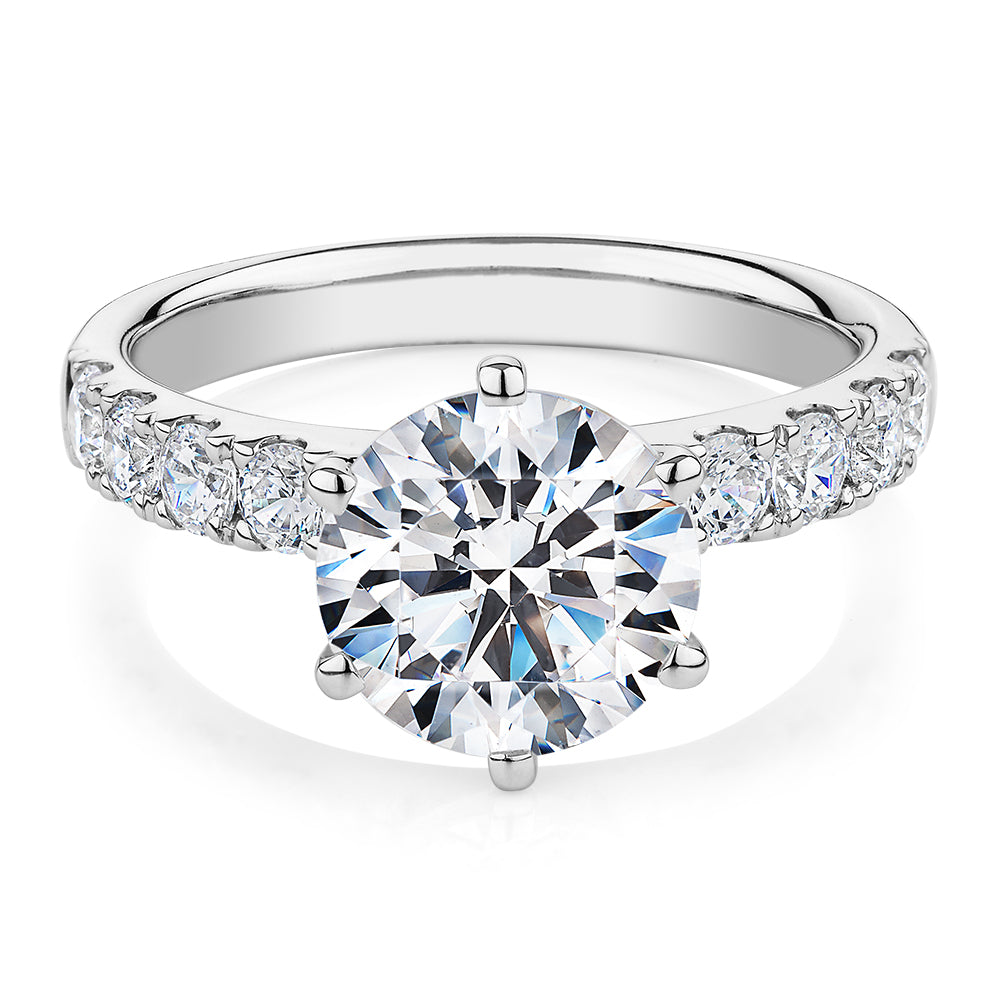 Round Brilliant shouldered engagement ring with 3.39 carats* of diamond simulants in 14 carat white gold
