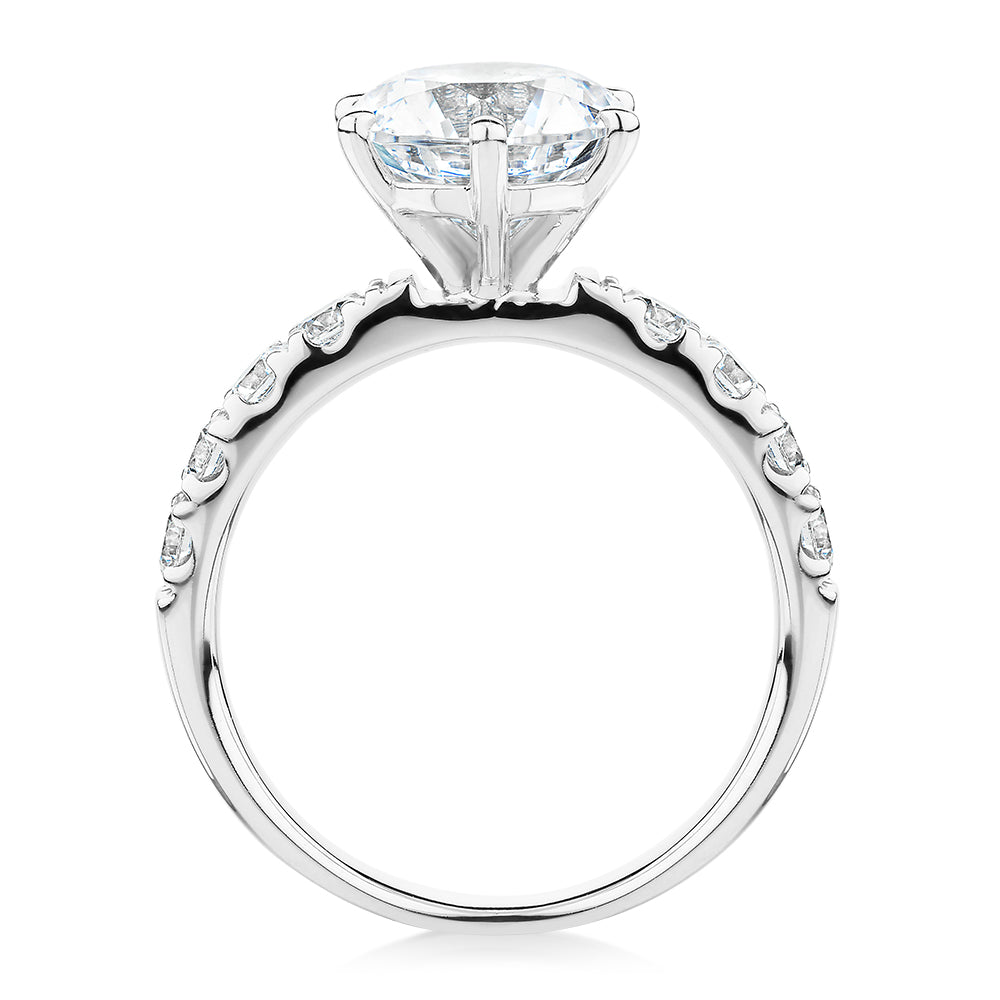 Round Brilliant shouldered engagement ring with 3.39 carats* of diamond simulants in 14 carat white gold