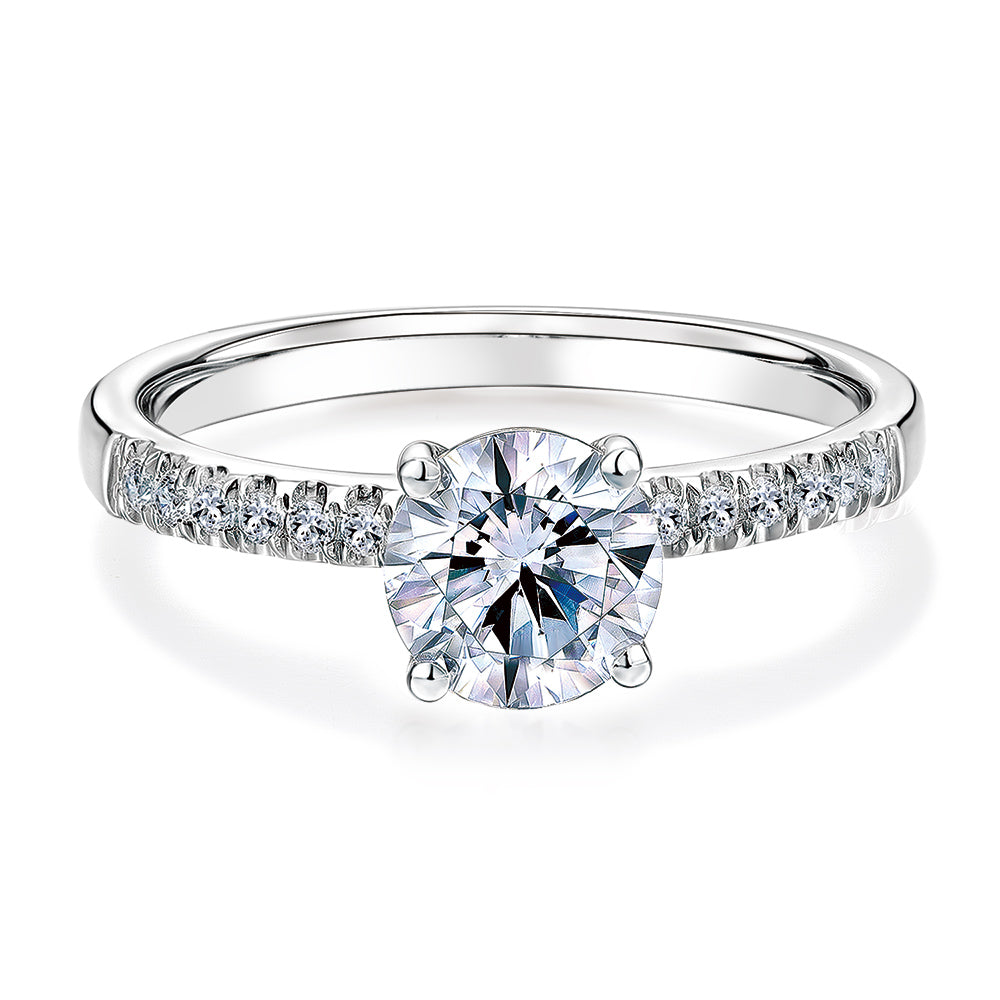 Round Brilliant shouldered engagement ring with 1.12 carats* of diamond simulants in 14 carat white gold