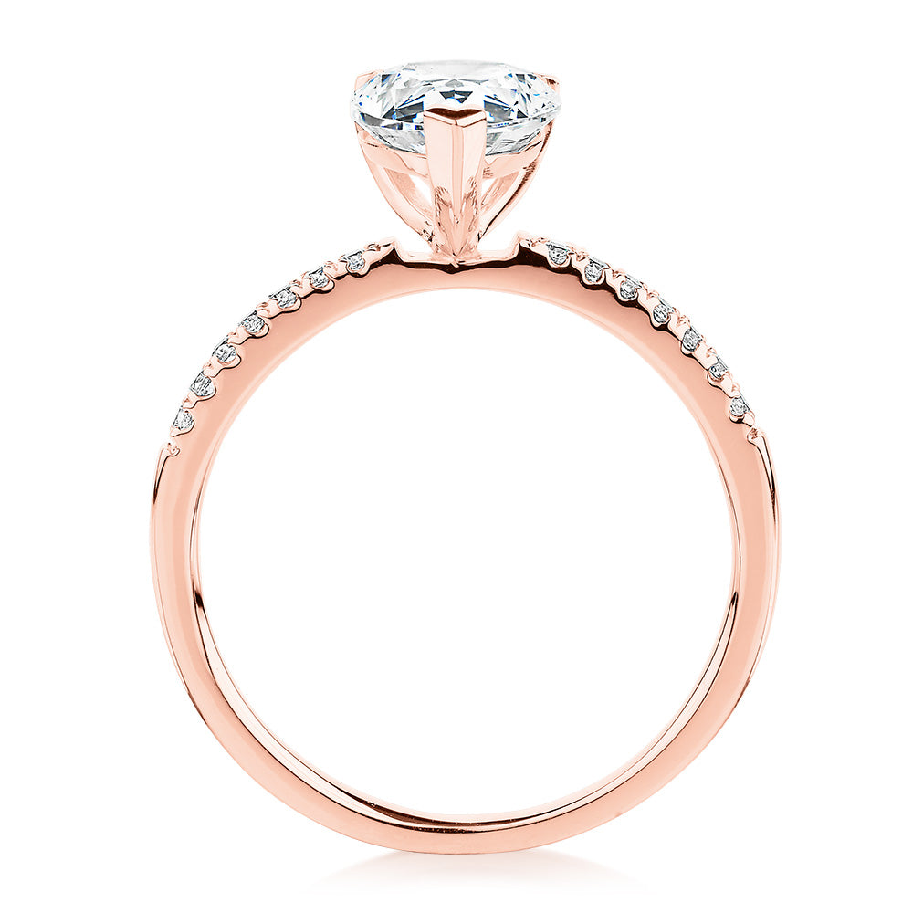 Pear and Round Brilliant shouldered engagement ring with 1.88 carats* of diamond simulants in 14 carat rose gold